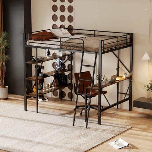Bettgestell Metallbett 90x200cm Eisenbett Hochbett(Ohne Matratze)Schwarz mit Schreibtisch und drei großen Ablagen für Kinder