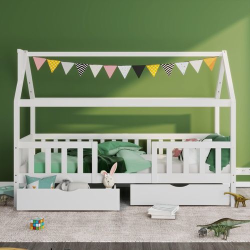 Kinderbett 90x200 cm Hausbett mit Schornstein Robuste Lattenroste Weiß (Ohne Matratze) Kiefernholz Haus Bett