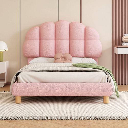 Einzelbett 90x200cm Kinderbett Jugendbett (Ohne Matratze)Polsterbett Holzlattenrost Kreis Vlies Rosa