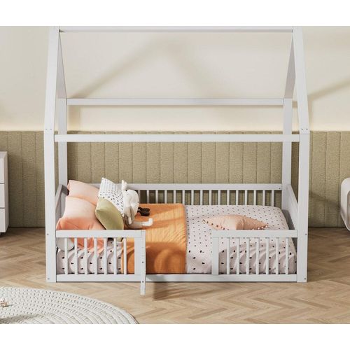 Massivholzbett Doppelbett 140x200cm(Ohne Matratze)weiß Flachbett Hausbett Hausbett mit Türchen