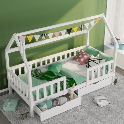 Kinderbett Hausbett 90x200 cmmit Schornstein (Ohne Matratze)Weiß Robuste Lattenroste Kiefernholz Haus Bett for Kids
