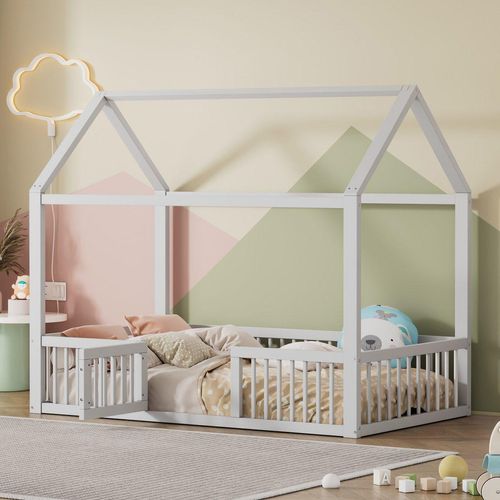 Massivholzbett Doppelbett 90x200cm(Ohne Matratze)weiß Flachbett Hausbett Hausbett mit Türchen