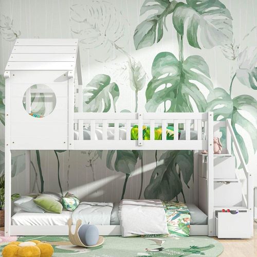 Baumhaus Kinderbett 90x200 cm Ins und (ohne Matratze)weiß aus dem Bett kommen Doppelbett Kinderbett in Hausform Leiterschrank Kiefernholz Haus