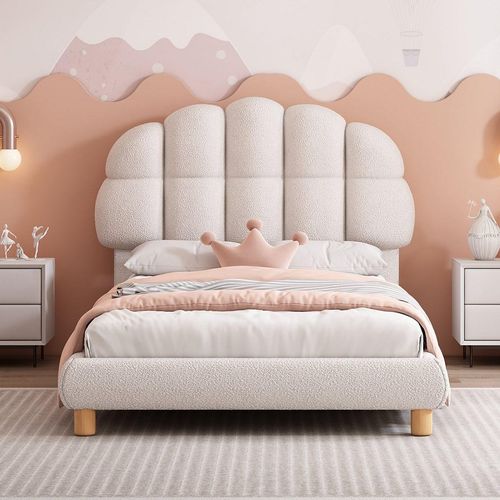 Einzelbett 90x200cm Kinderbett Jugendbett (Ohne Matratze)Polsterbett Holzlattenrost Kreis Vlies Weiß
