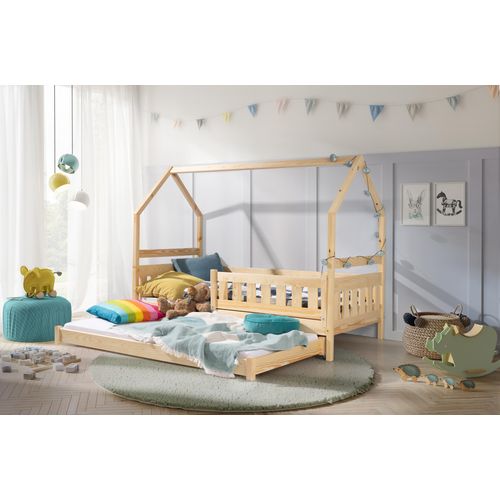 KEF LILY Kinderbett 90x200 cm Hausbett für Zwei Kinder Bodenbett aus Holz Babybett mit Zwei Matratzen Jugendbett Naturbelassen