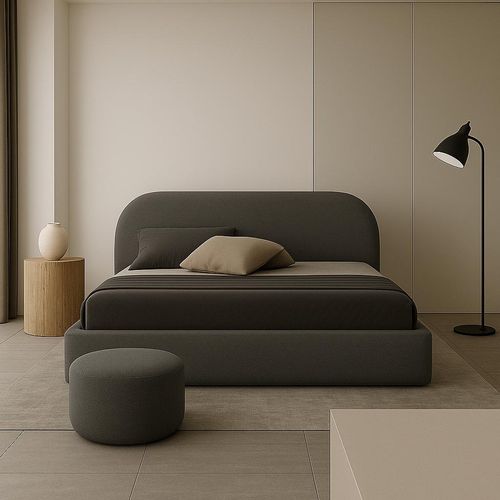Polsterbett MOON 200x200 Holz-Lattenrost mit AUFHEBEN ! Grau Boucle Teddystoff Bett mit Bettkasten