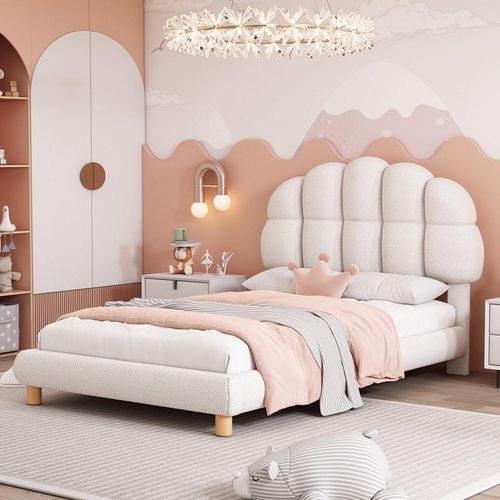 Einzelbett Kinderbett 90x200cm Jugendbett (Ohne Matratze)Polsterbett Holzlattenrost Kreis Vlies Weiß