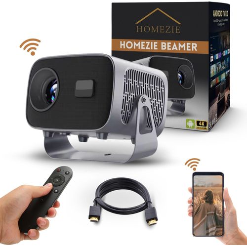 Homezie Beamer | Inklusive HDMI-Kabel & Fernbedienung | Bildschirmspiegelung von iPhone & Android | Trapezkorrektur | 4K-Unterstützung | Android 11 | Projektor
