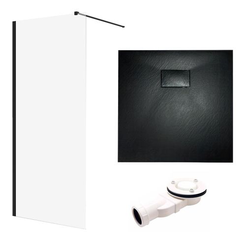 SET Walk-In Dusche 90x195 + Duschwanne 90x90 Quadratisch Transparent Gehärtet 8 mm Nano Glas Schwarz Steinoptik SMC inkl. Siphon | BADLAND KETIL VIDAR