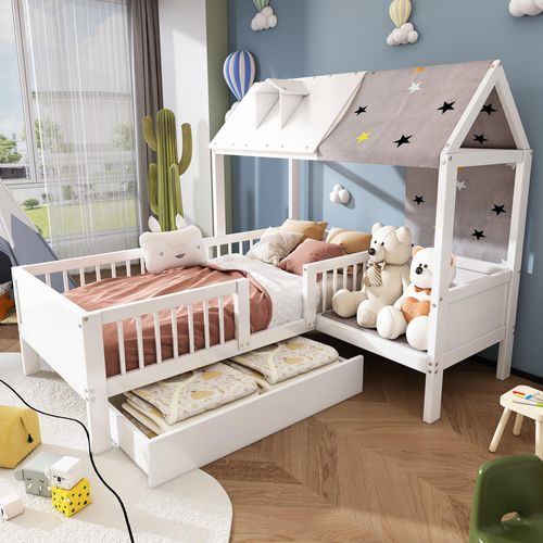 Kinderbett mit Lattenrost, Rausfallschutz und Sitzbank, 90x200 cm, Hausbett mit Schubladen, Jugendbett, Einzelbett