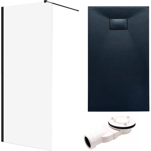 SET Walk-In Dusche 140x195 + Duschwanne 90x170 Rechteck Transparent Gehärtet 8 mm Nano Glas Schwarz Steinoptik SMC inkl. Siphon | BADLAND KETIL VIDAR