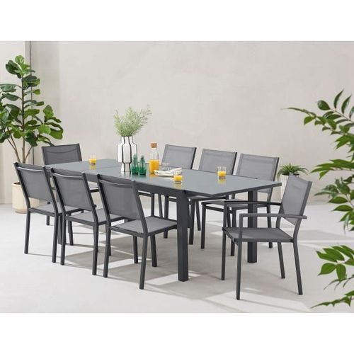 Garten-Essgruppe: Ausziehbarer Tisch 120–180 cm + 2 Sessel + 6 Stühle - Grau