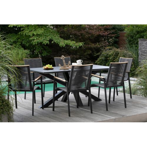 Gartenmöbelset Tisch Malaga eckig, 6er Set Dining Stapelsessel Alicante Rope