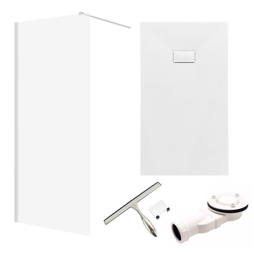 SET Walk-In Dusche 120x195 + Duschwanne 90x120 - Rechteck Gehärtet 8 mm Nano Glas Weiß Steinoptik SMC inkl. Siphon & Badwischer| BADLAND KETIL VIDAR