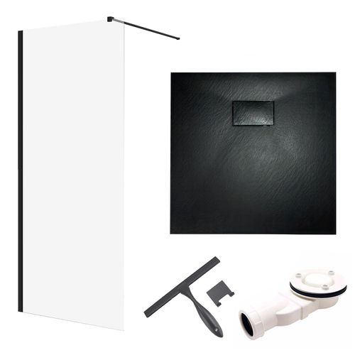 SET Walk-In Dusche 80x195 + Duschwanne 80x80 Quadratisch Gehärtet 8mm Nano Glas Schwarz Steinoptik SMC inkl. Siphon & Badwischer | BADLAND KETIL VIDAR