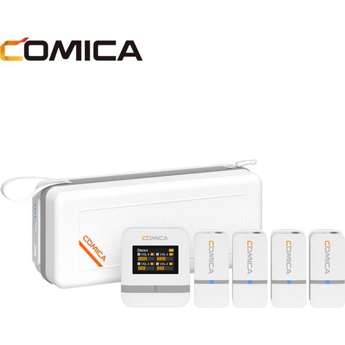 COMICA Vimo Q 2,4 GHz kabelloses Lavalier-Mikrofonsystem, Ansteckmikrofon mit grossem Bildschirm, 200 m uebertragungsreichweite, Rauschunterdrueckung, 16 Stunden Laufzeit, mit Empfaenger + 4 Sender + Ladebox + 2 Adapterkabel + Ladebox + 4 Windschutz, kompatibel mit Android-Smartphones, Tablets, Computern, Laptops, Kameras
