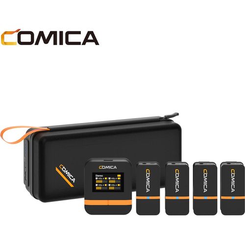 COMICA Vimo Q 2,4 GHz kabelloses Lavalier-Mikrofonsystem, Ansteckmikrofon mit grossem Bildschirm, 200 m uebertragungsreichweite, Rauschunterdrueckung, 16 Stunden Laufzeit, mit Empfaenger + 4 Sender + Ladebox + 2 Adapterkabel + Ladebox + 4 Windschutz, kompatibel mit Android-Smartphones, Tablets, Computern, Laptops, Kameras