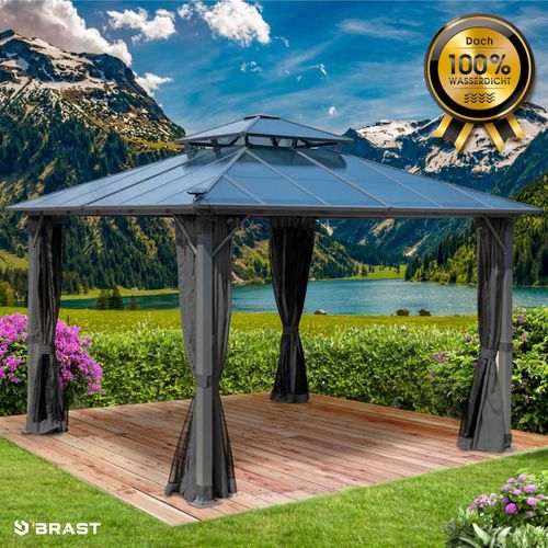 Alu Pavillon PAGODE 3,5x3,5m dunkelgrau mit Moskitonetz