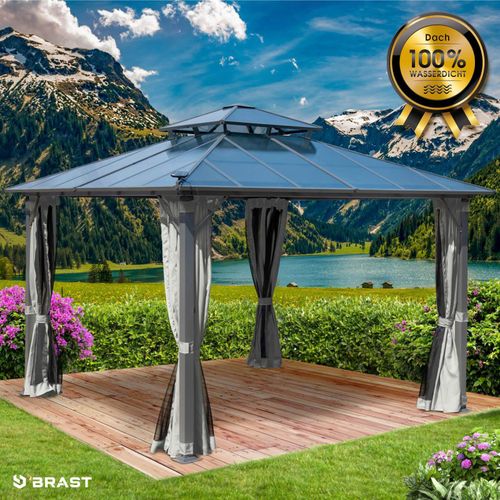 Alu Pavillon PAGODE 3,5x3,5m hellgrau mit Moskitonetz