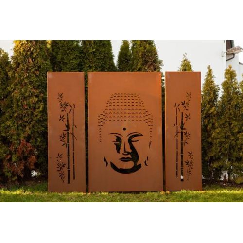 Edelrost Sichtschutzwand Buddha, 3-teilig