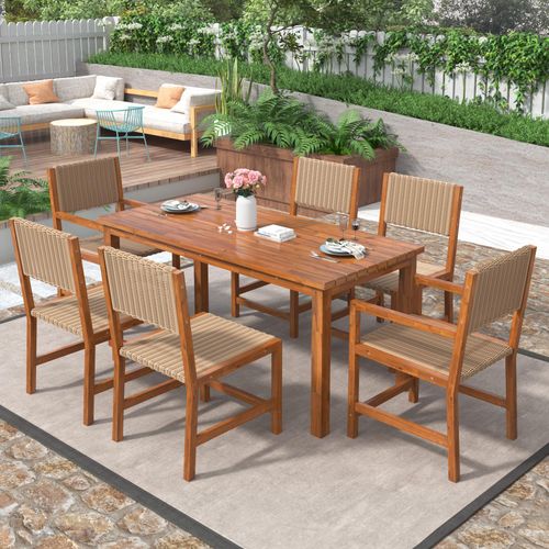 Gartenlounge-Set Gartenmöbel-Set 7-teiliges Outdoor-Esstisch-Set für 6 Personen, Tischplatte Stuhlgestell aus Akazienholz Lounge-Set aus PE-Rattan
