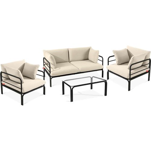 Gartenmöbelset RAMBE 4-tlg. 1x Tisch 2x Sessel 1x Sofa 2-Sitzer, mit Kissen, LOFT-STIL, Anthrazit/Cremeweiß