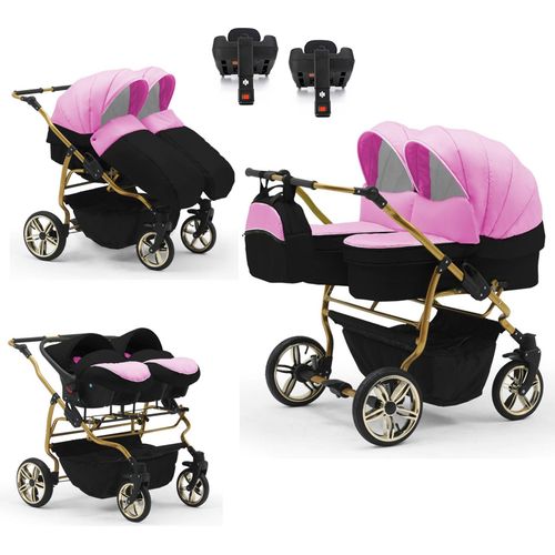 Zwillingskinderwagen 5 in 1 Duet Lux Goldedition inkl. Autositze und Iso Bases - 14 Teile - in 20 Farben