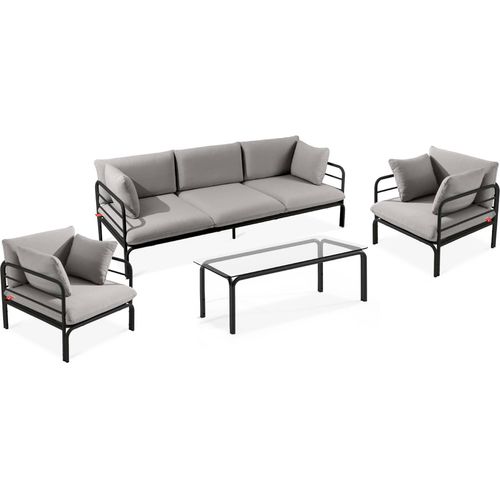Gartenmöbelset RAMBE 4-tlg. 1x Tisch 2x Sessel 1x Sofa 3-Sitzer, mit Auflage, Stahlrahmen, LOFT-STIL, Anthrazit/Hellgrau
