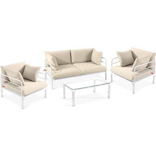 Gartenmöbelset RAMBE 4-tlg. 1x Tisch 2x Sessel 1x Sofa 2-Sitzer, mit Kissen, LOFT-STIL, Weiß/Cremeweiß