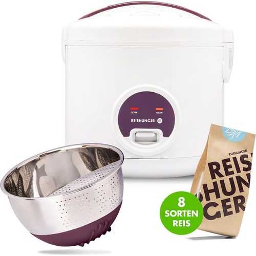 REISHUNGER Basis Reiskocher Starter Set, Großer Basis Reiskocher weiß Keramik, Reiswaschschüssel Edelstahl (Aubergine), Finde deinen Lieblingsreis Set