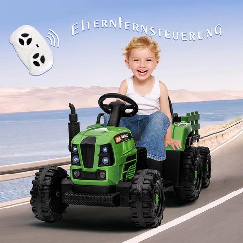 Elektro-Kindertraktor mit Anhänger fahren Fernbedienung Elektroauto Drei Geschwindigkeiten einstellbar USB MP3 Bluetooth LED für Kinder Grün