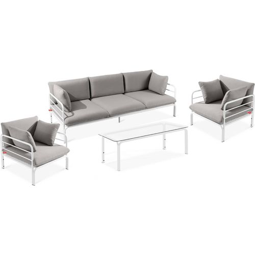 Gartenmöbelset RAMBE 4-tlg. 1x Tisch 2x Sessel 1x Sofa 3-Sitzer, mit Auflage, Stahlrahmen, LOFT-STIL, Weiß/Hellgrau