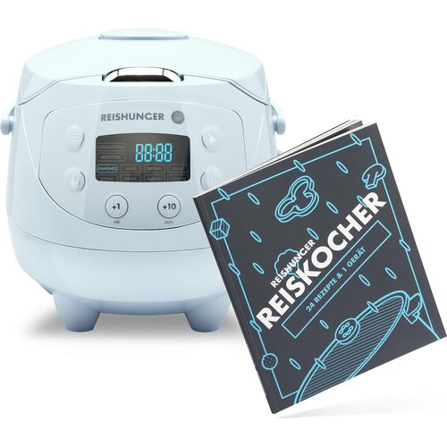 REISHUNGER Digitaler Reiskocher klein, hellblau inkl. Reishunger Reiskocher Kochbuch - 0,6 L bis 3 Personen - Warmhaltefunktion, Timer & Premium Topf