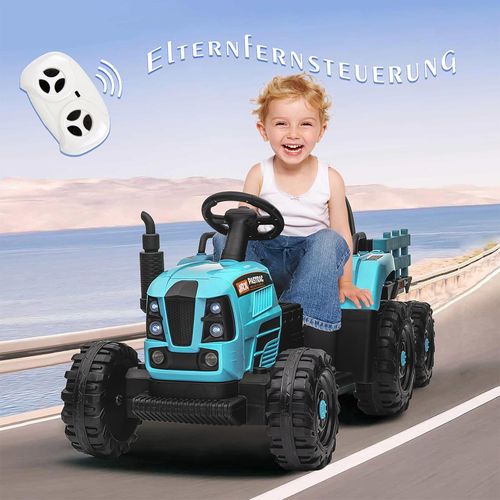 Elektro-Kindertraktor mit Anhänger fahren Fernbedienung Elektroauto Drei Geschwindigkeiten einstellbar USB MP3 Bluetooth LED für Kinder Blau