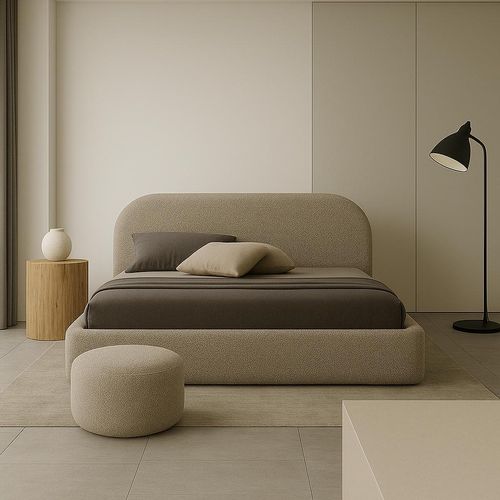 Polsterbett MOON 90x200 Holz-Lattenrost mit AUFHEBEN Beige Boucle Teddystoff Bett mit Bettkasten