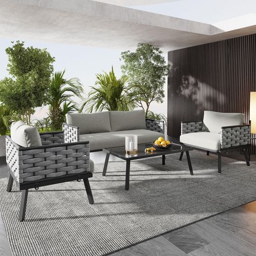 Gartenlounge-Set Verzinktem Stahlgestell Tischplatte aus Glas PE-Rattan Kissen, 4-teiliges Esstisch-Set, 1 2-Sitzer-Sofa, 2 Einzelstühle, 1 Tisch