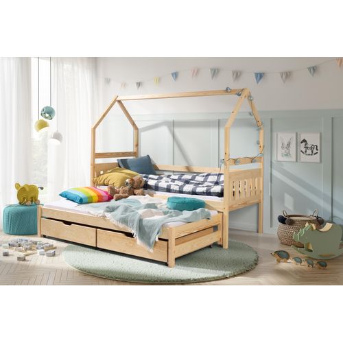 KEF BLANKA Kinderbett 80x180 cm - Doppelbett mit Schubladen - Hausbett aus Holz - Babybett ohne Matratze - Naturbelassen