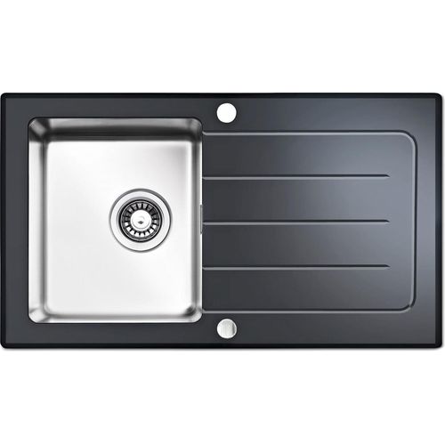 Einbauspüle - 1 Becken - 86 x 50 cm - Schwarz - Edelstahl - Glas - inkl. Korbventil
