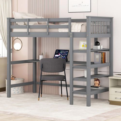 Kinderbett 90 x 200 Kinderhochbett, mit Ablagefächern und Unterbettschreibtisch