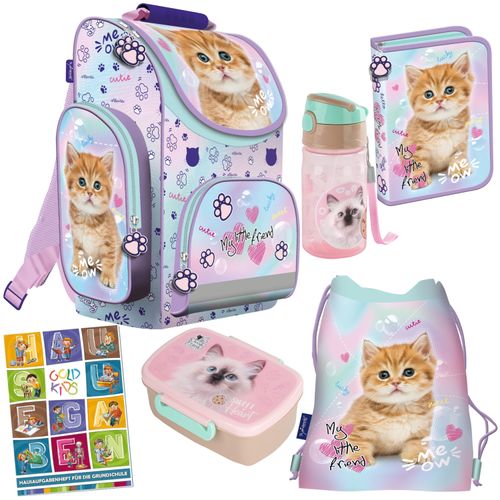 Schulranzen für Jungen und Mädchen, 6er-Set - Schul-Rucksack für Kinder mit Federmäppchen - Schuhbeutel und Hausaufgabenheft - Katze Motiv