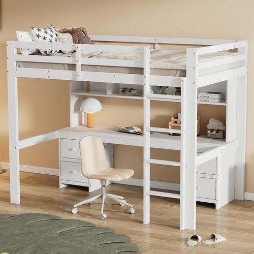 Odikalo Kinderbett Hochbett Stauraum Tisch Regal Schubladen Geländer 90x200cm Weiß