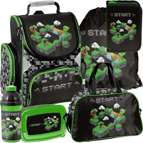 Schulrucksack Mädchen Jungen Motiv PIXELS 6 T Set Rucksack, Federmäppchen, Tasche, Trinkflasche, Frühstückstasche, Schulranzen Mega-Set Paso
