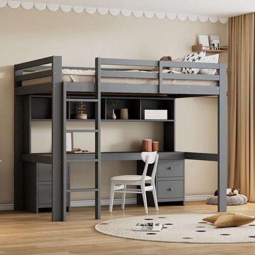Odikalo Kinderbett Hochbett Stauraum Tisch Regal Schubladen Geländer 90x200cm Grau