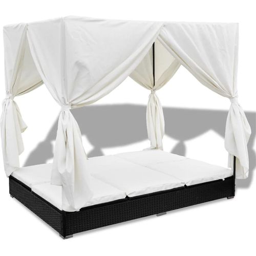 Outdoor-Lounge-Bett mit Vorhängen, um Insekten fernzuhalten, Schatten und Privatsphäre zu bieten. Poly Vine Black, stabil und langlebig