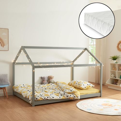 Kinderbett 'Cerro' Hausbett mit Matratze 140x200cm Grau