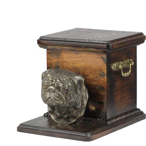 Mops, Pug, Carlin, Carlino, Doguillo - Eine Urne für die Asche eines Hundes mit einer Statuette, eine elegante Urne für einen Hund, eine außergewöhnliche Urne mit dem Porträt eines Hundes von der Mark