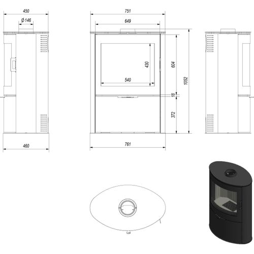 Kaminofen aus stahl KRATKI AB S/2 Ø 150 10 kW mit Türfeder schwarz Verkleidung
