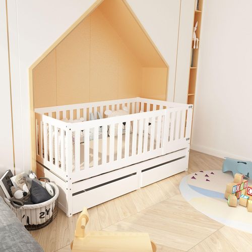 Kinderbett 90x200 cm Schlafsofa (Ohne Matratze) Mehrzweck Bettrahmen umbaubar in zwei getrennte Betten weiß Praktikabilität mit Holzabtrennung