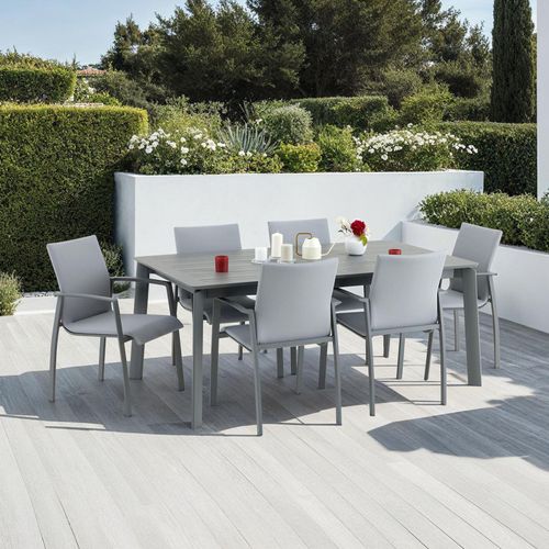 Gartenmöbel Set VERANO, grau - mit 6 Stühlen und ausziehbarem Gartentisch, Aluminium und wetterfeste Textilene, stapelbar, strapazierfähig, Outdoor-Möbel, Balkonmöbel, Terrassenmöbel