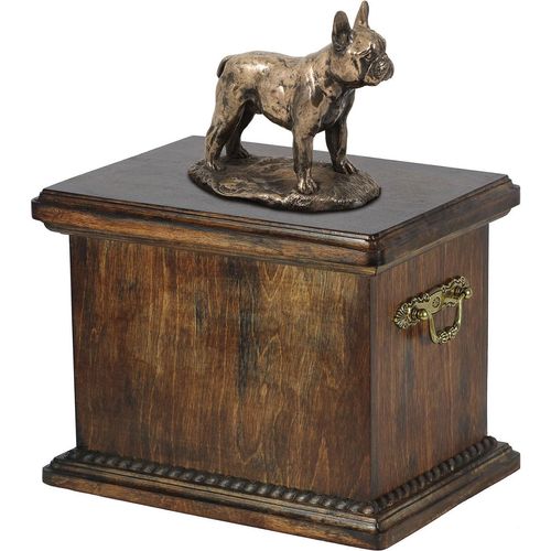 Französische Bulldogge eine Urne für die Asche des Hundes, eine Urne mit einer Statue, eine elegante Urne im klassischen Stil der Marke Art-Dog